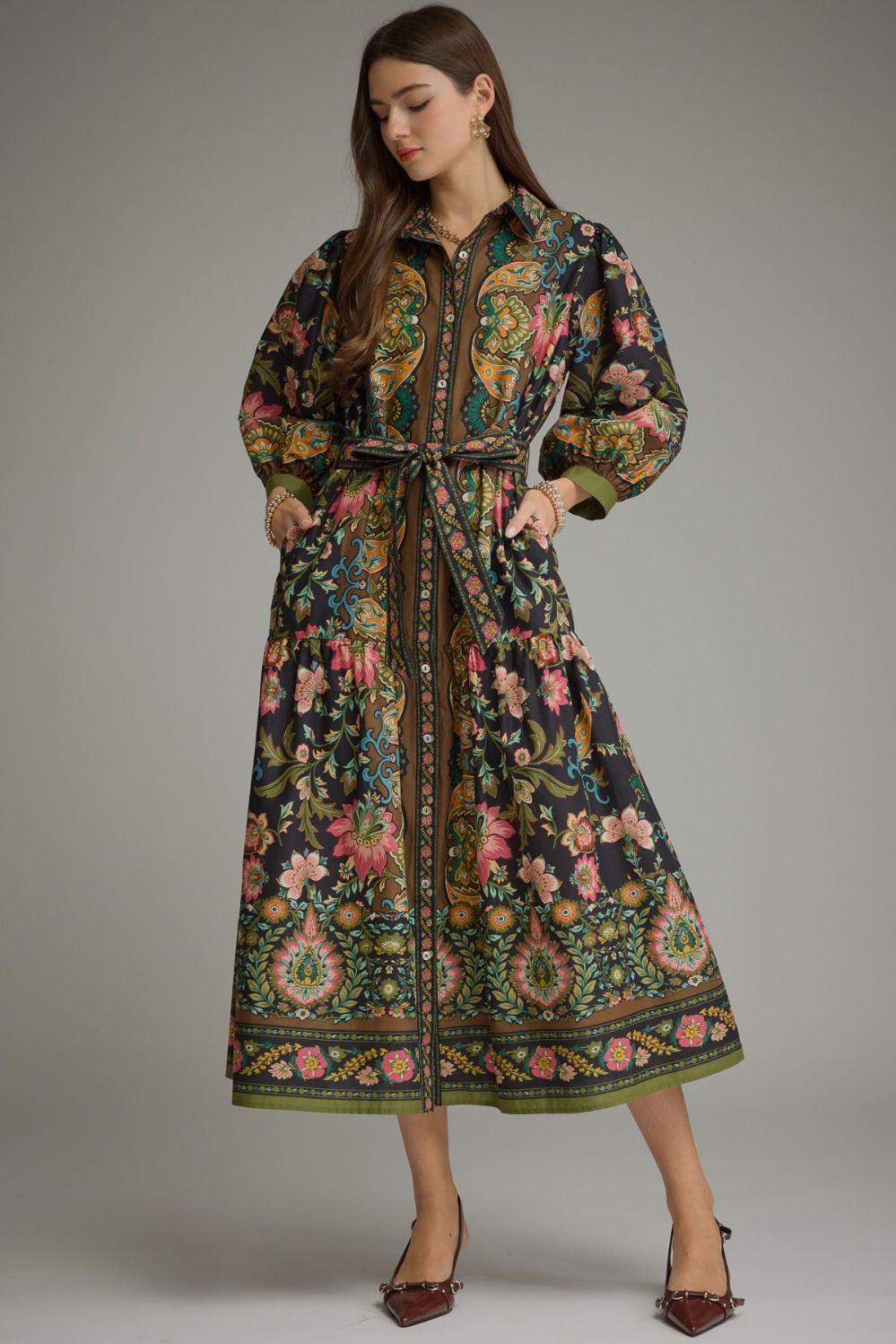 Elegant Botanical Print Belted Midi Dress
