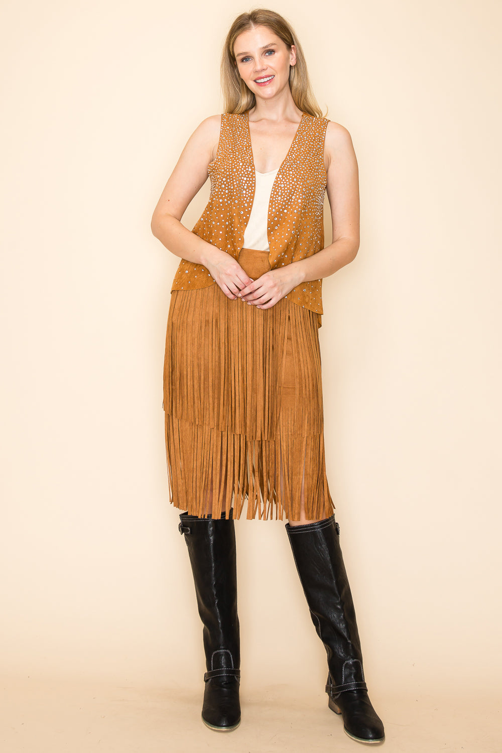 Camel Brown Ultra Suede Vest w/ Rhinestone Details