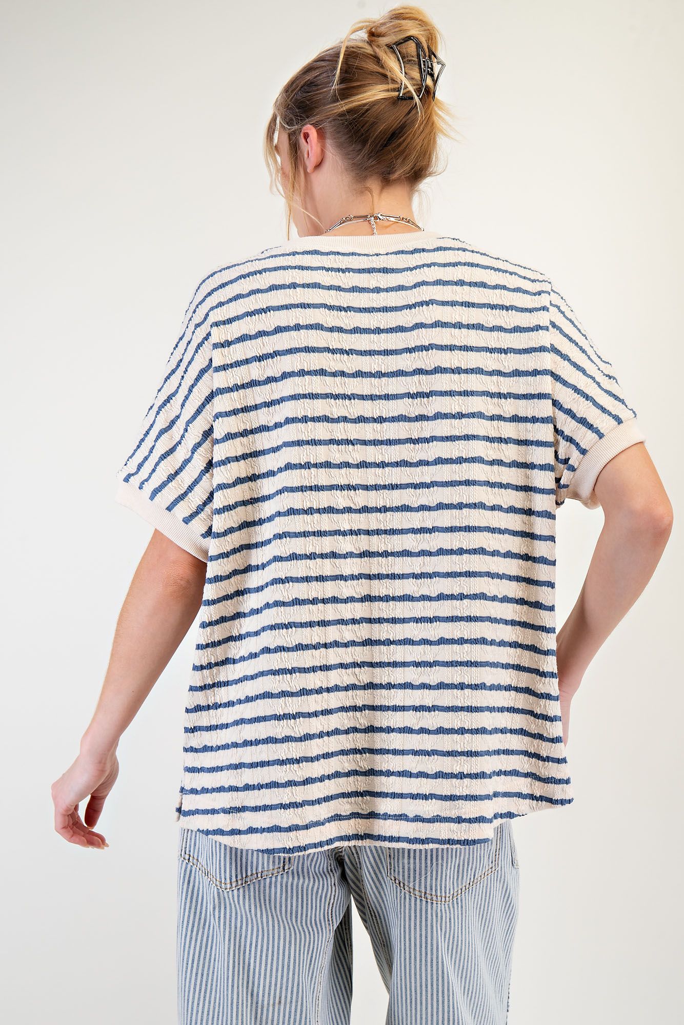 Cream w/ Denim Textured Stripe Knit Tee