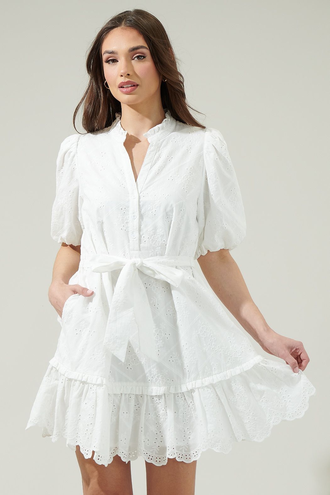eyelet white mini dress White Eyelet Puff Sleeve Mini Dress
