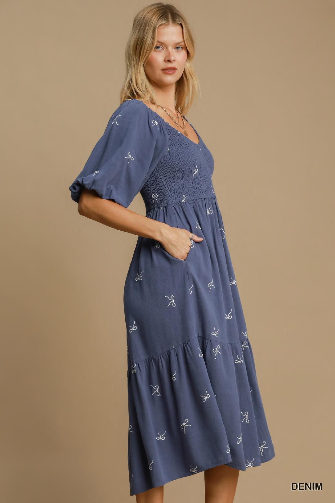 Blue Linen Blend Tiered Ribbon Embroidered Dress