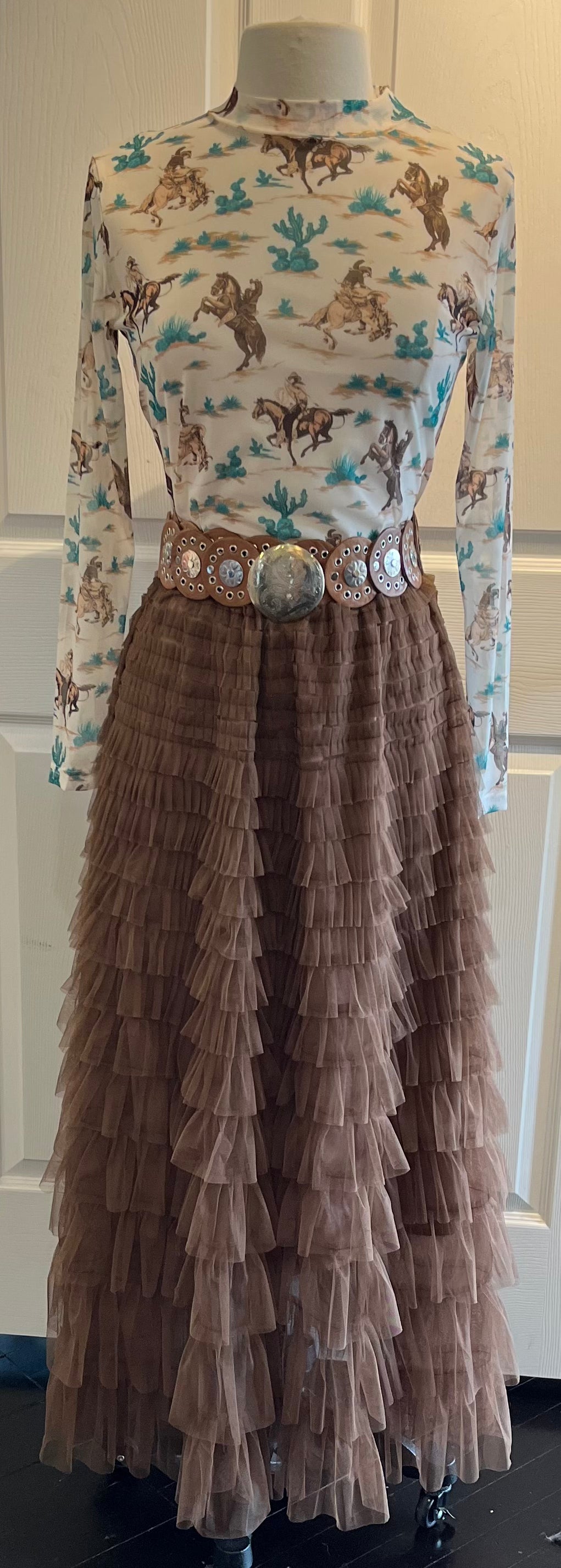 Brown Tiered Ankle Length Tulle Skirt