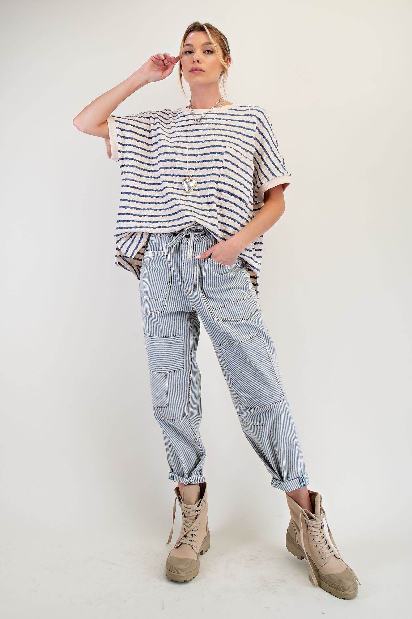 Cream w/ Denim Textured Stripe Knit Tee