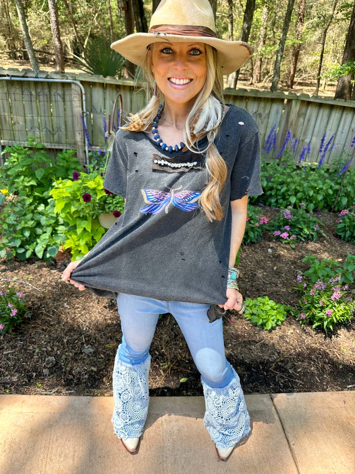 Dragonflies and Butterflies Black Tattered Tee