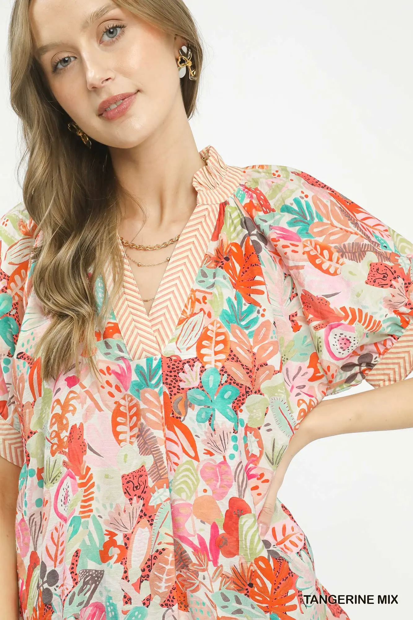 Tangerine Mix Floral Print Short Sleeve Top