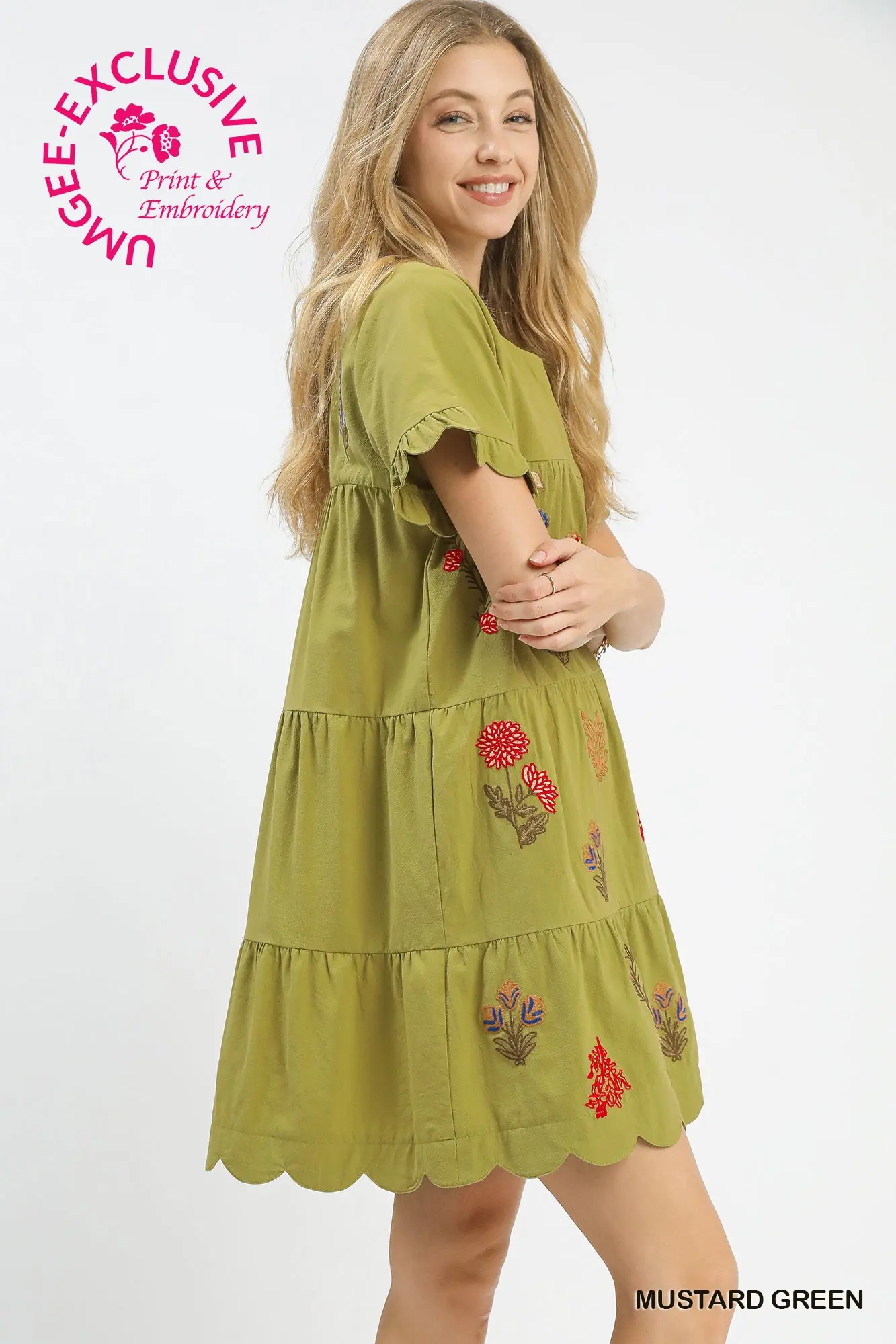 Mustard Green Embroidered Floral Tiered Mini Dress