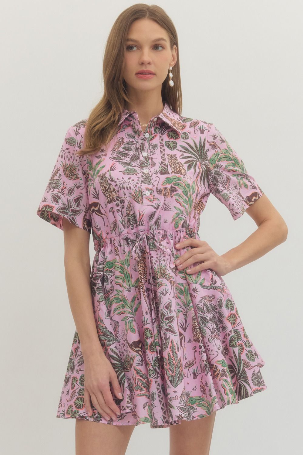 Pink Animal Print Drawstring Mini Dress