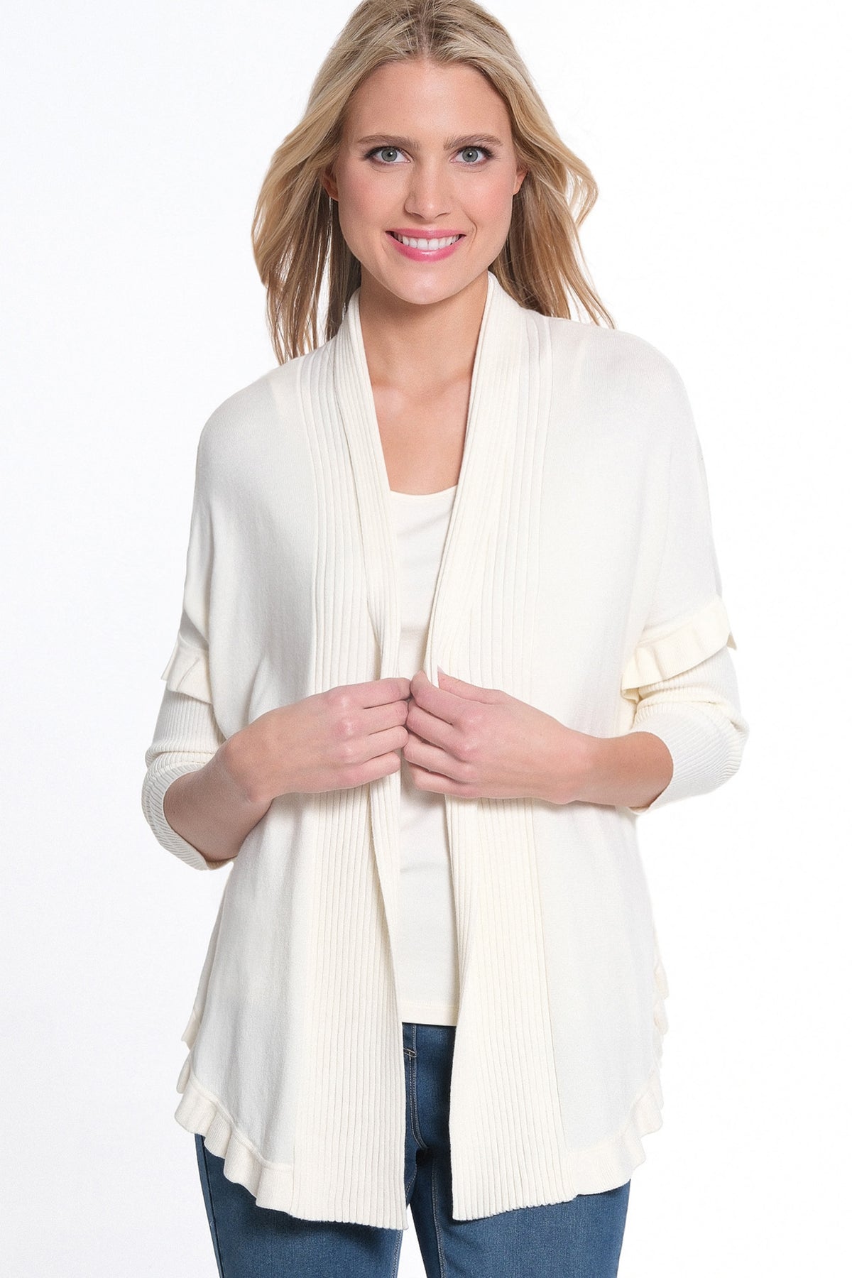 Cream Ruffle Hem Shawl Collar Sweater Cardigan