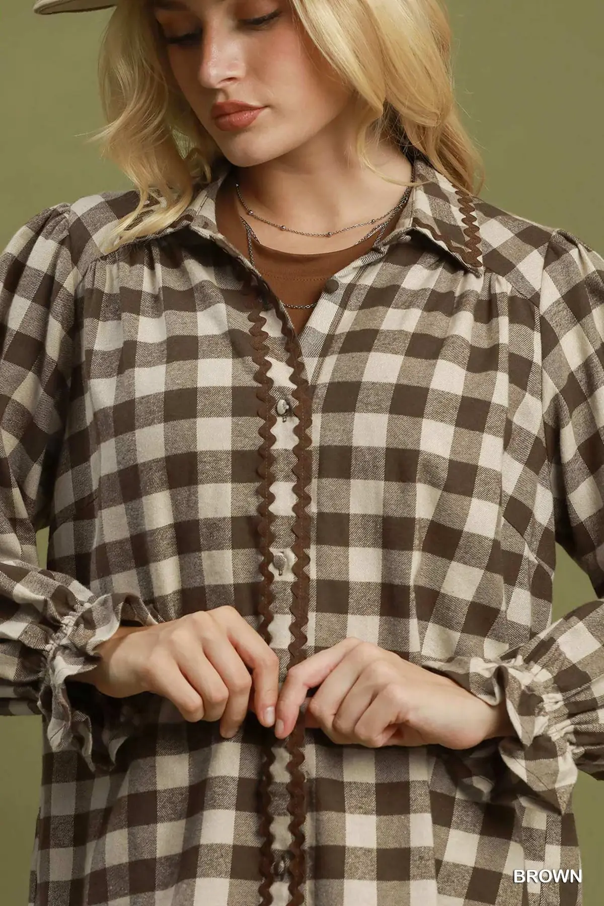 Brown & Cream Gingham Charm Ric-Rac Trim Blouse