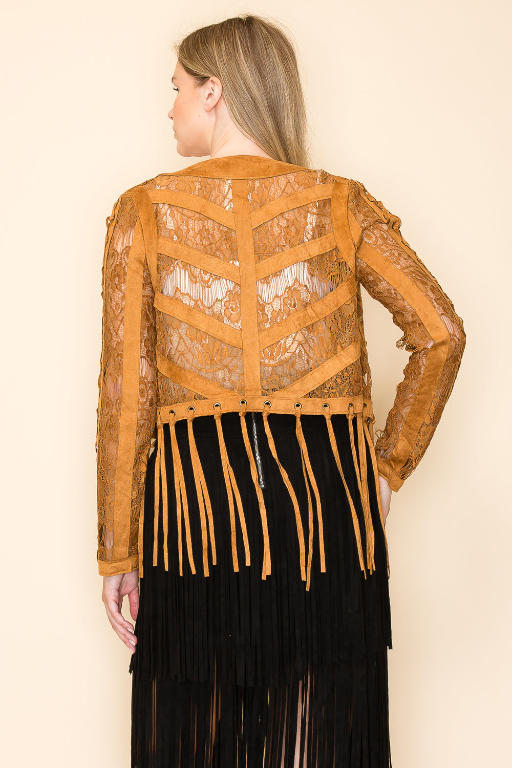 Camel Fringed Lace Crop Jacket