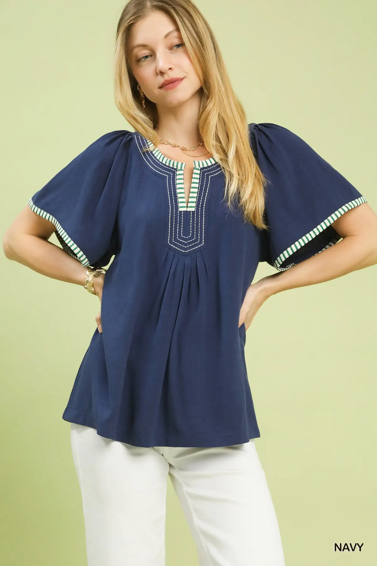 Navy Linen/Cotton Blend Flutter Sleeve Top