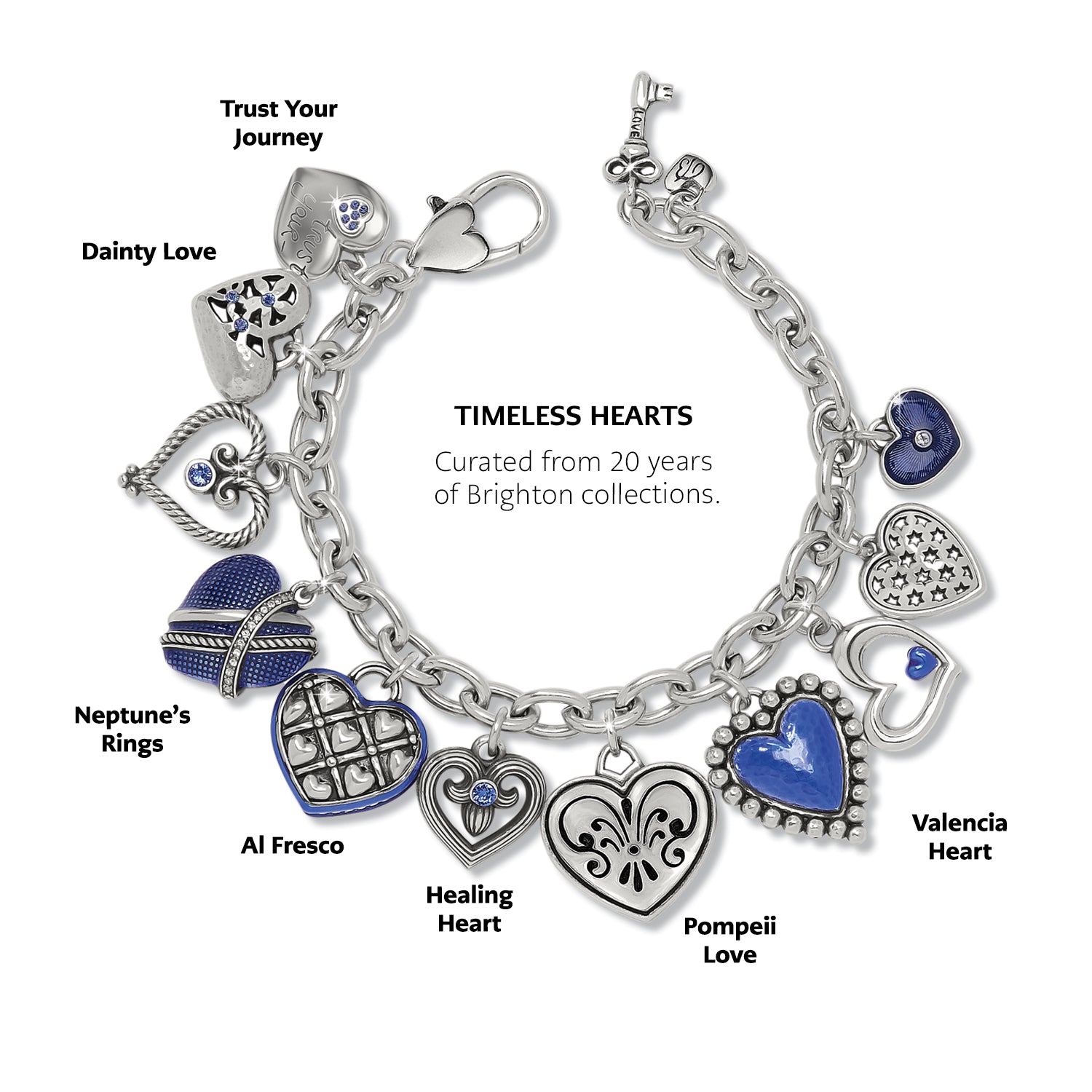 One Heart Link Charm Bracelet/Silver-Blue