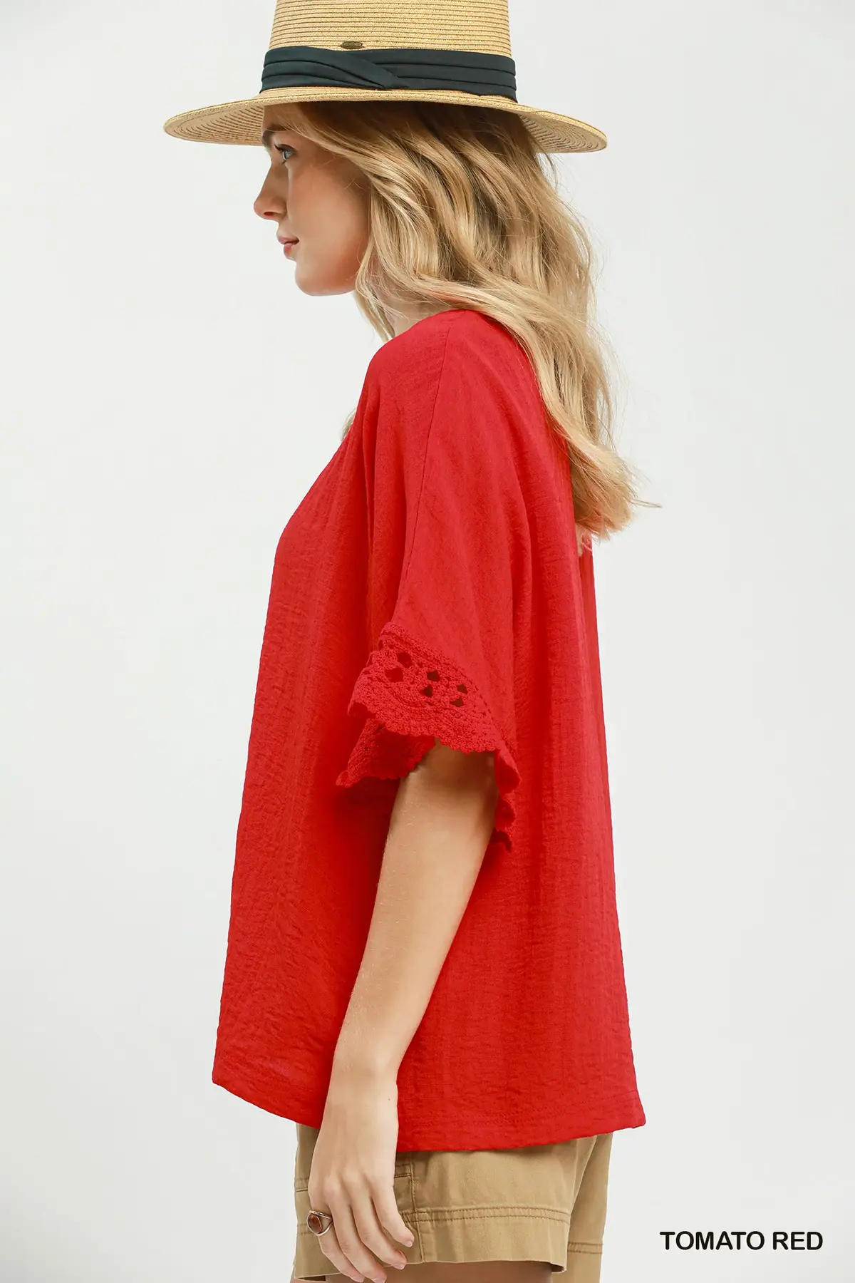 Tomato Red Crochet Flutter Sleeve Top