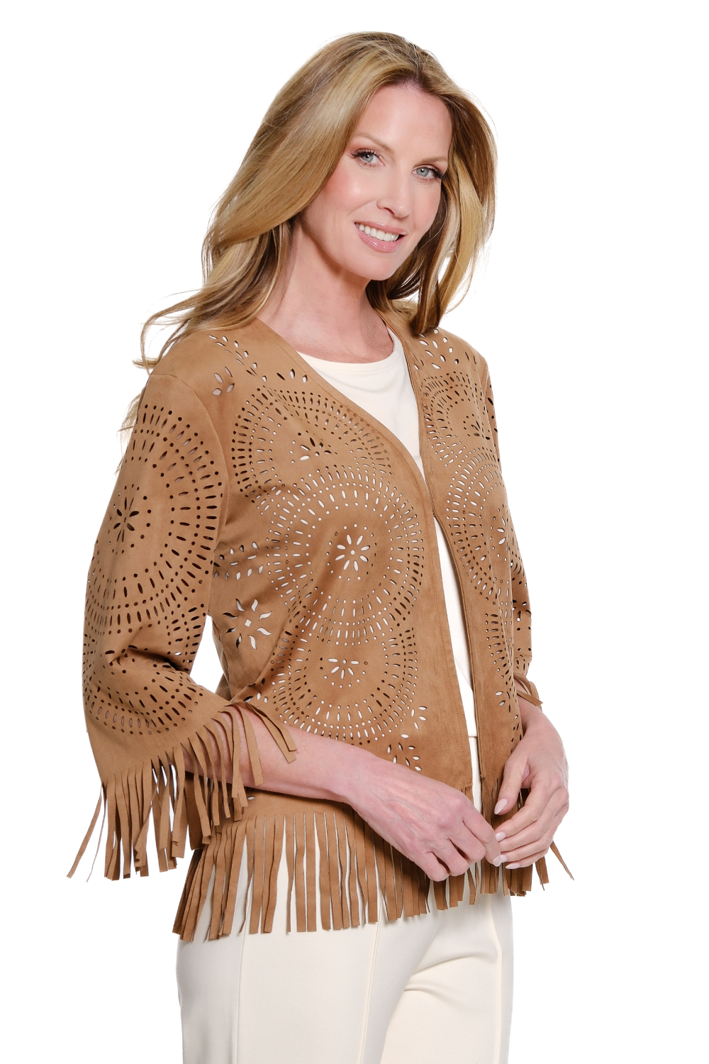 Walnut Ultra Suede Open Jacket w/ Fringe Hem by Multiples