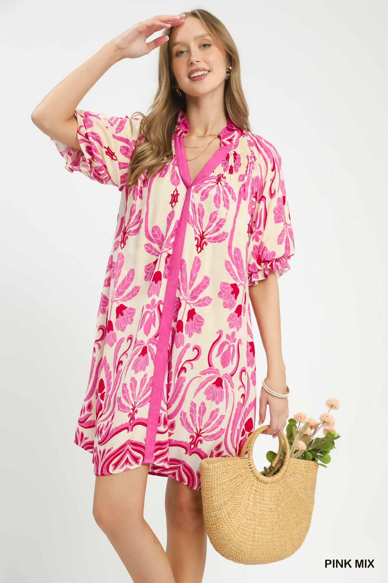 Pink Mix Boho Smocked Neck Shift Dress