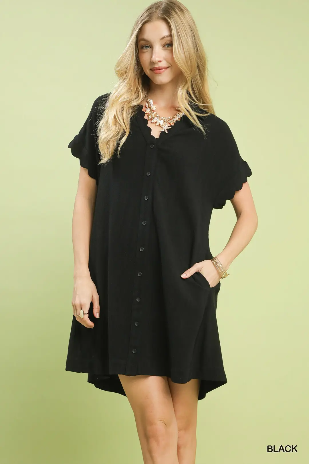 Black Linen/Cotton Blend Scalloped Mini Dress