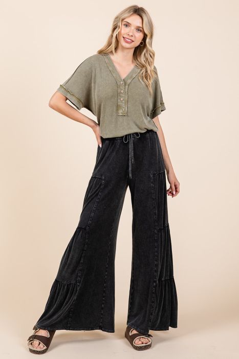 Black Mineral Wash Tiered Boho Wide Leg Pants