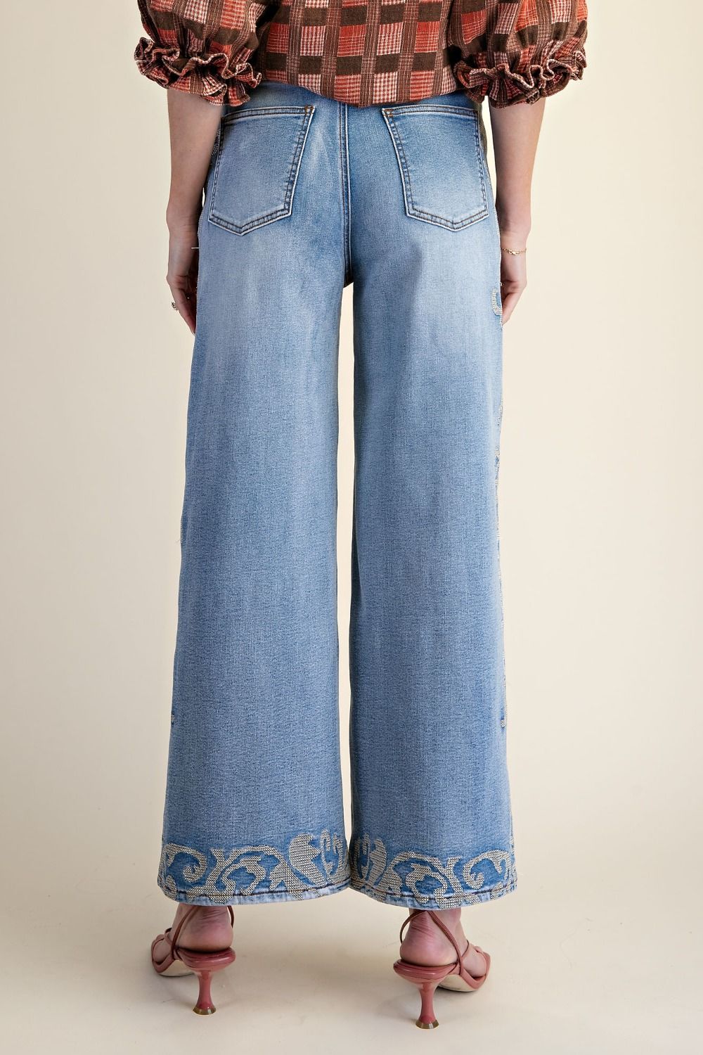 Neutral Floral Embroidered Wide Leg Jeans