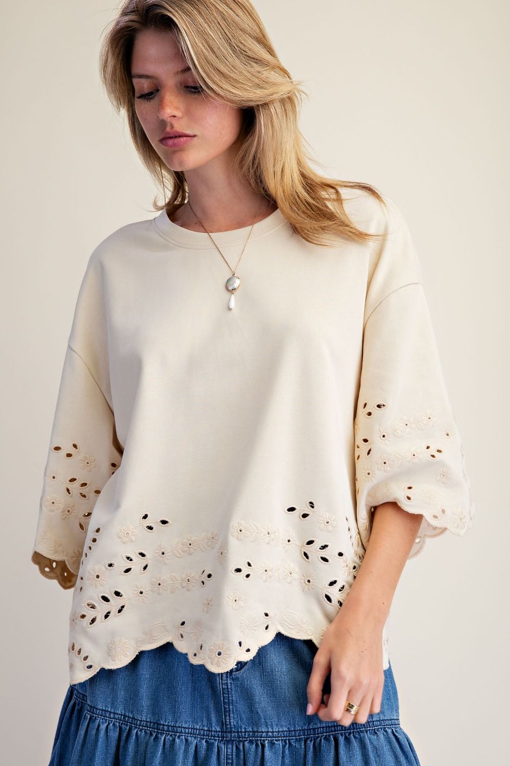 Ivory Eyelet Embroidered Scallop Top
