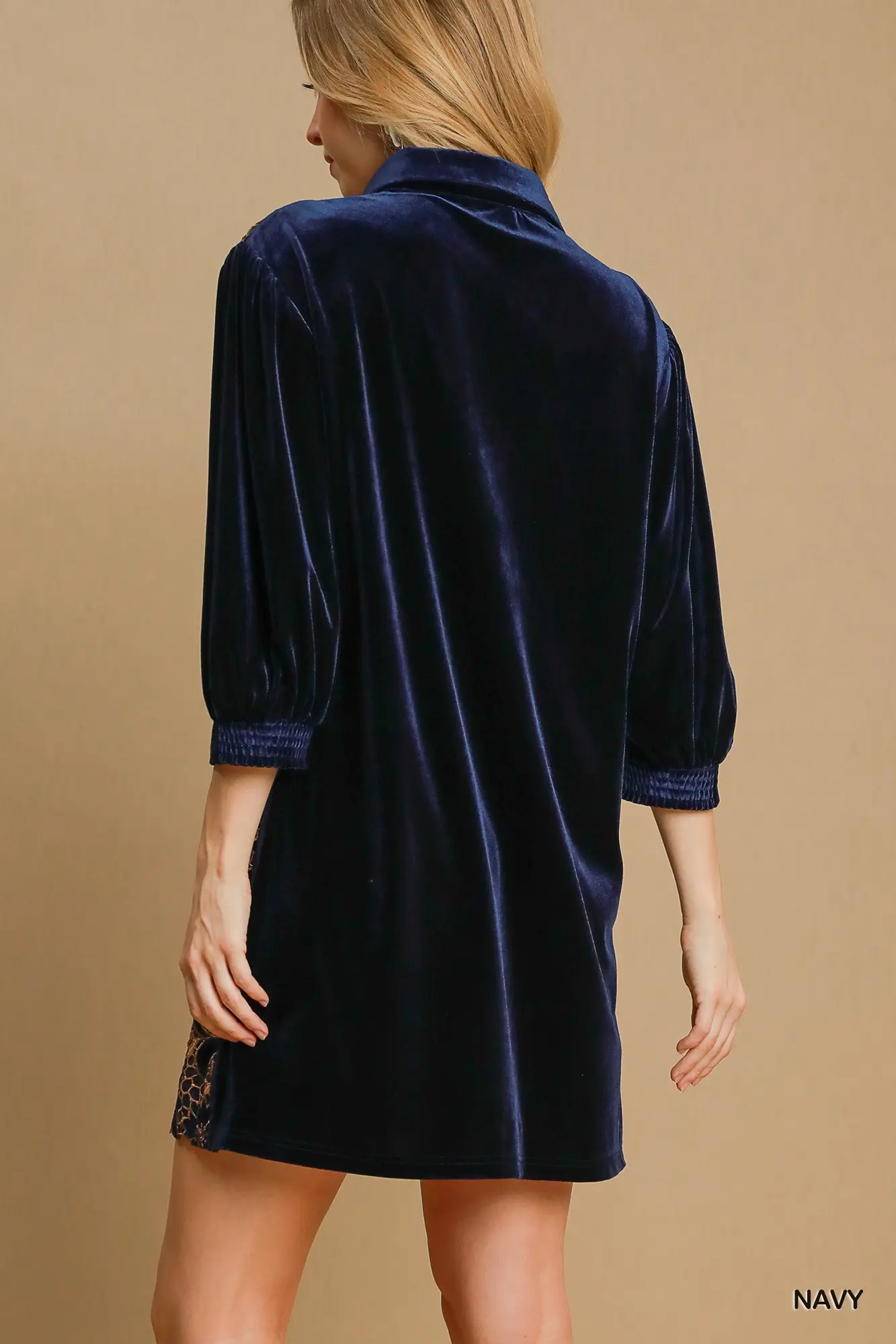 Navy Blue floral Lace velvet Dress