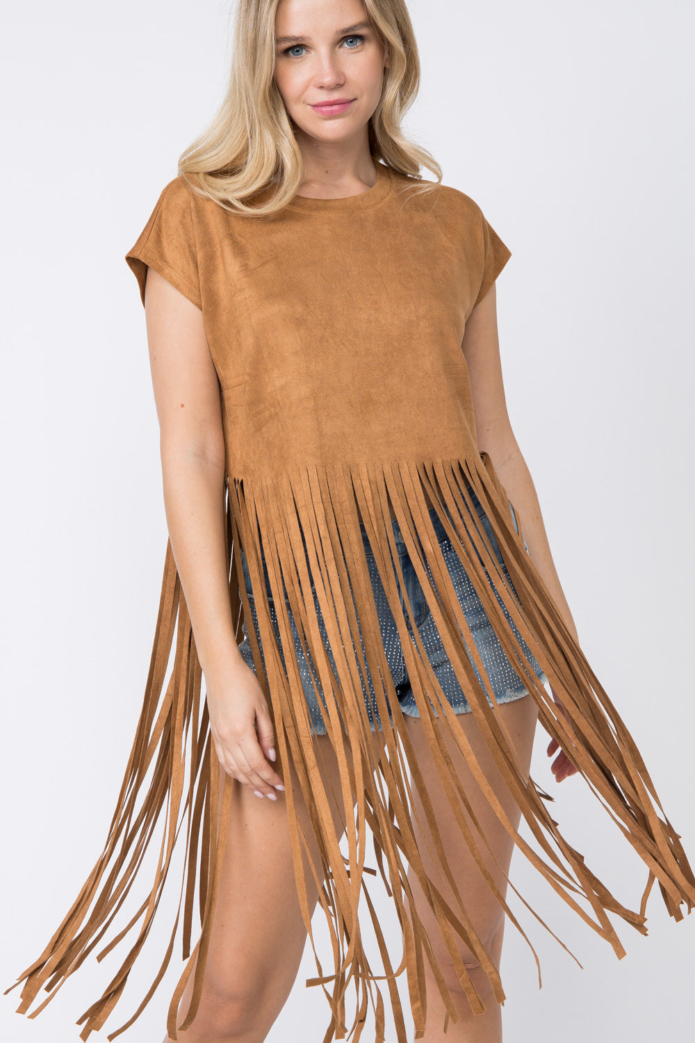 Camel Faux Suede Short Sleeve Fringed Top