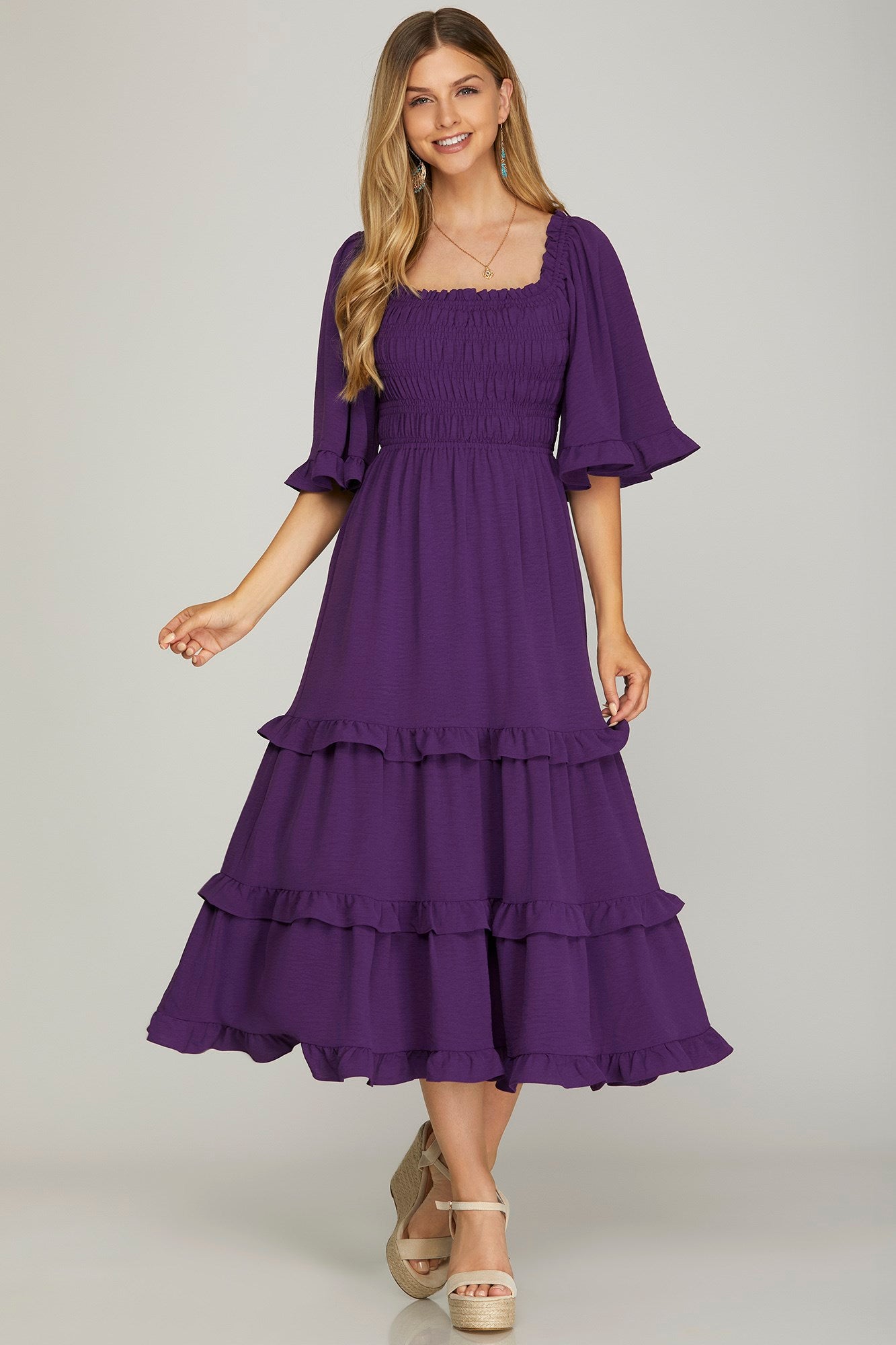Purple Smocked Tiered Midi Dress