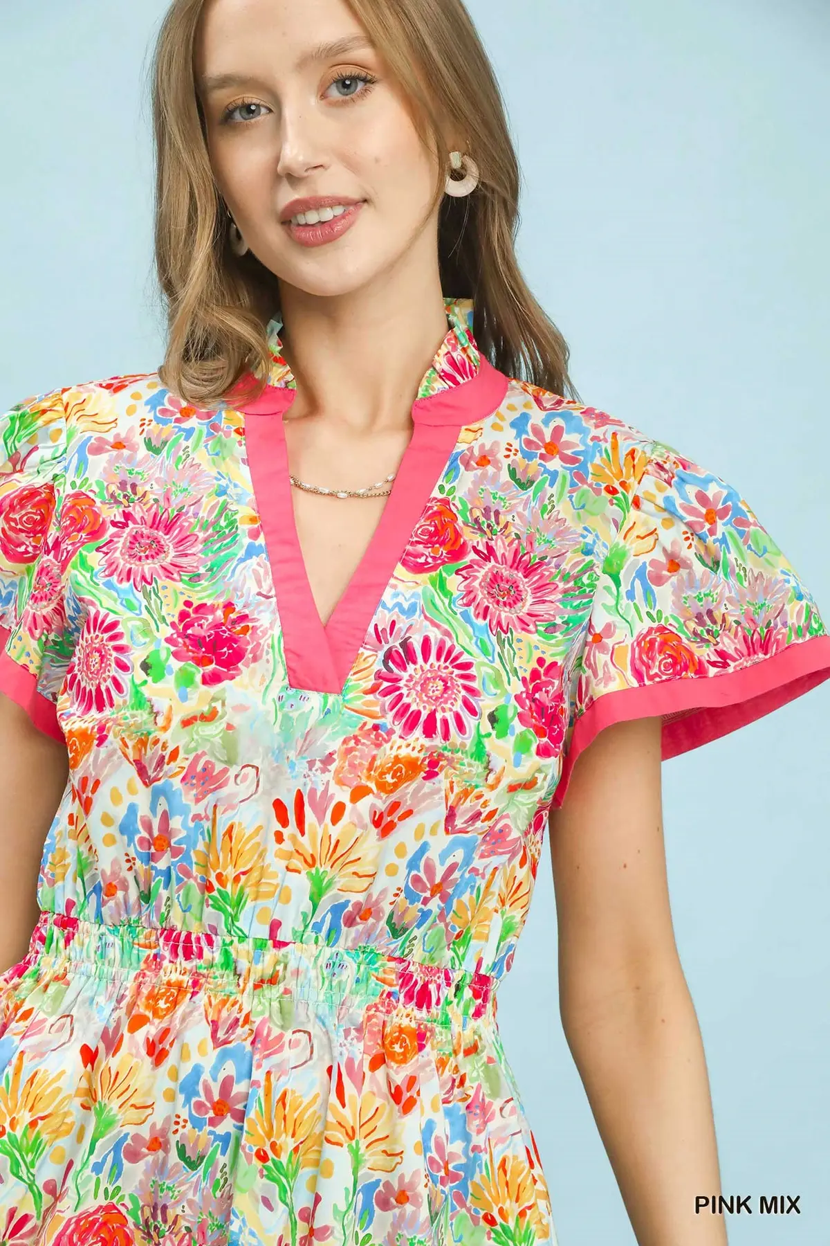 Pink Mix Abstract Print Contrast Trim Midi Dress