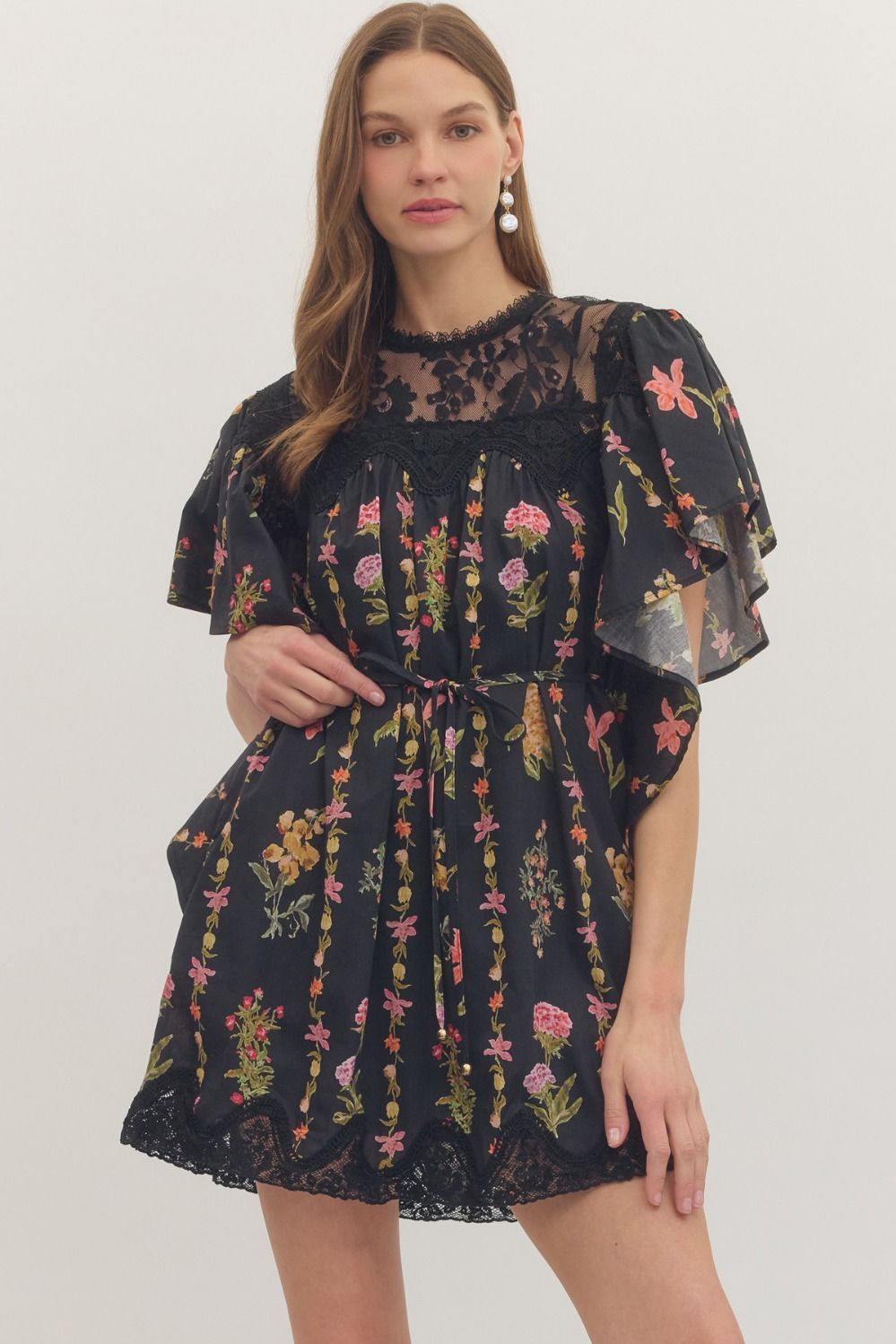 Black Floral Lace Yoke Flutter Sleeve Mini Dress