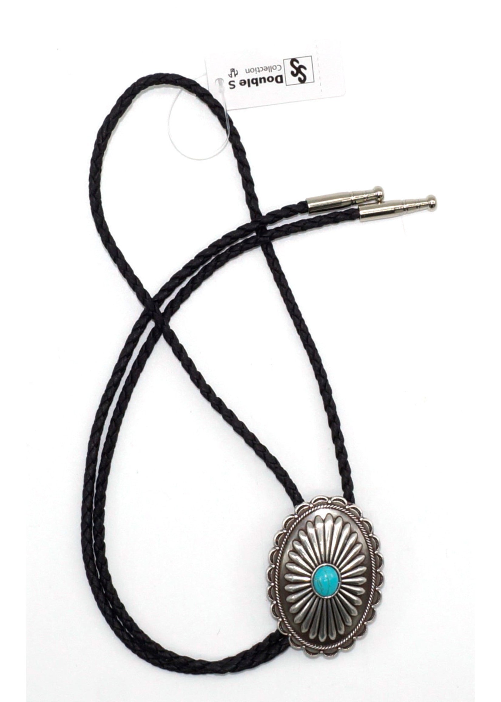 Double S Western Oval Flower Concho with Turquoise Slide Silver Bolo Tie