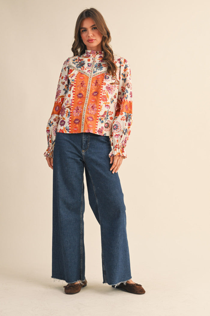 Fall Floral Ruffle Neck Blouse