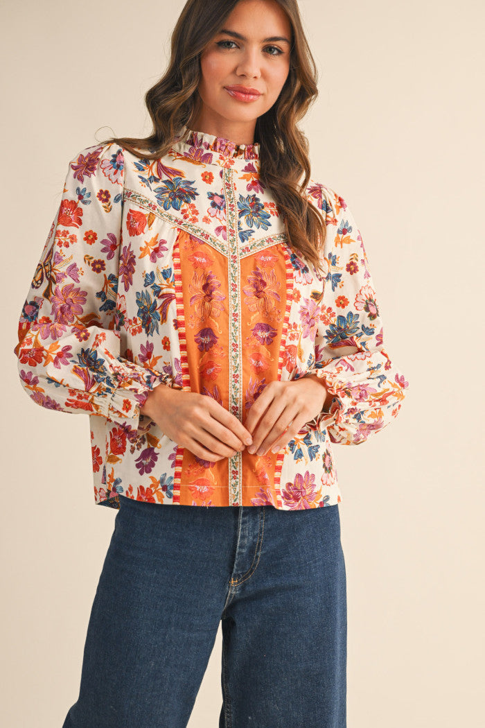 Fall Floral Ruffle Neck Blouse