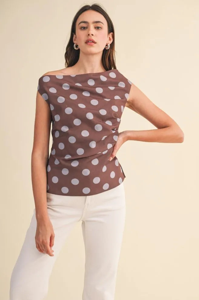 Mocha Dot Draped Shoulder Top