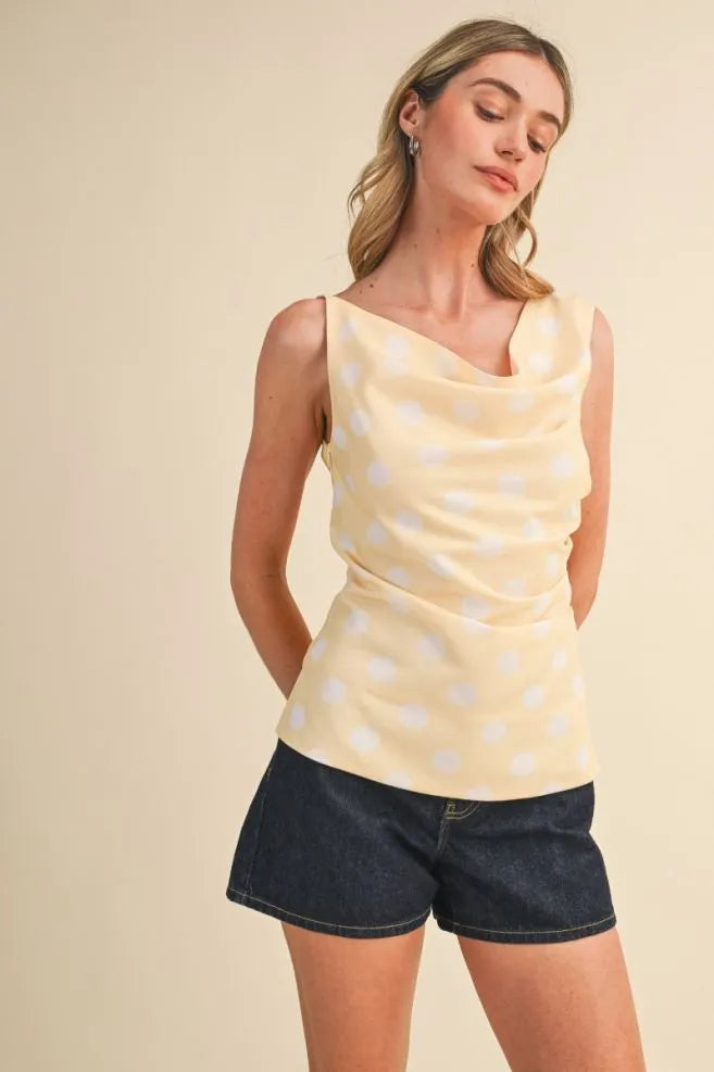 Butter Yellow Dot Draped Shoulder Top