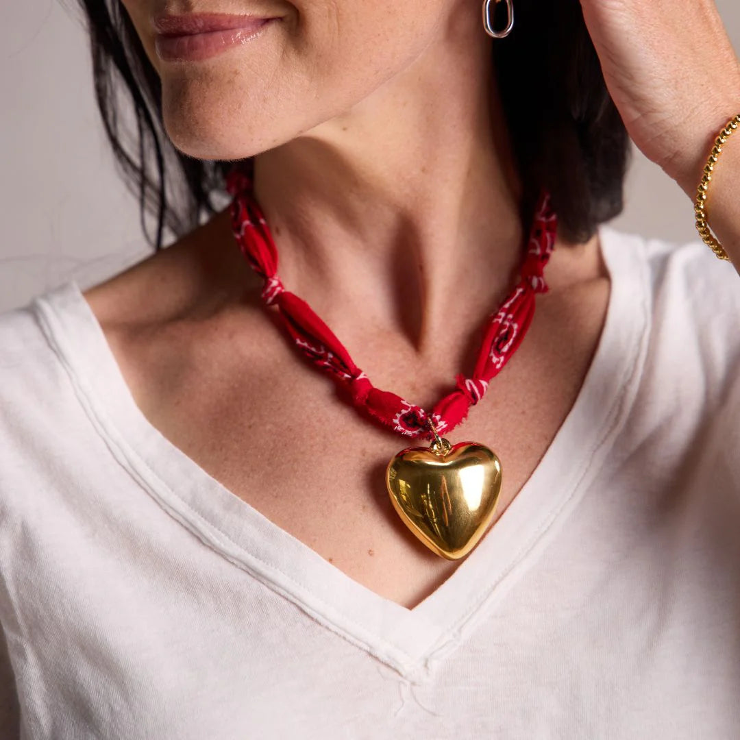 Red Bandana Silver Oversized Heart Charm Necklace