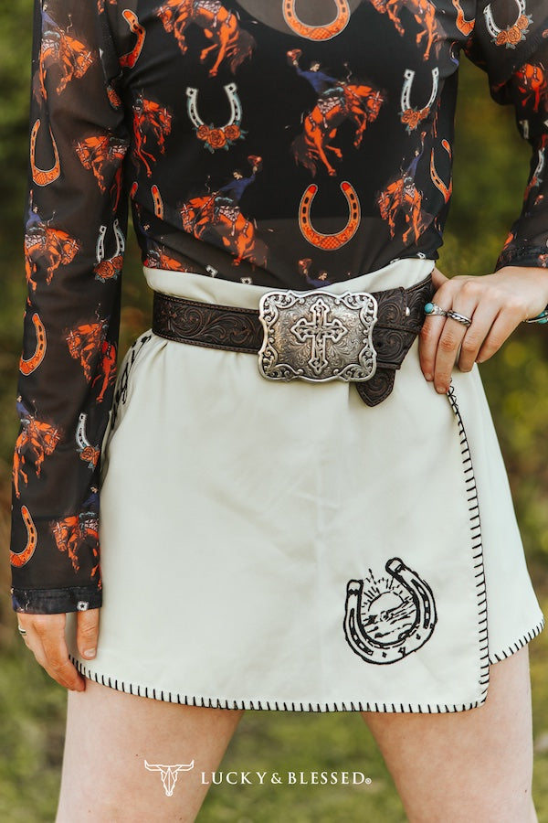 Ivory Cowgirl Embroidered High Waisted Skort
