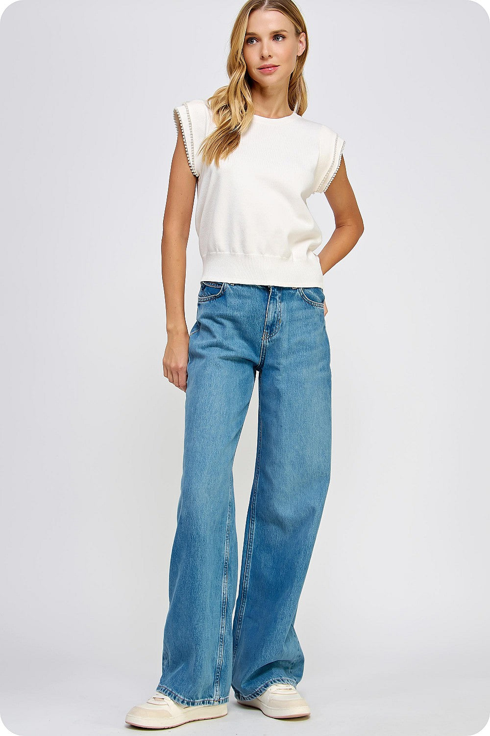 Chic Pearl Trim Sweater Top