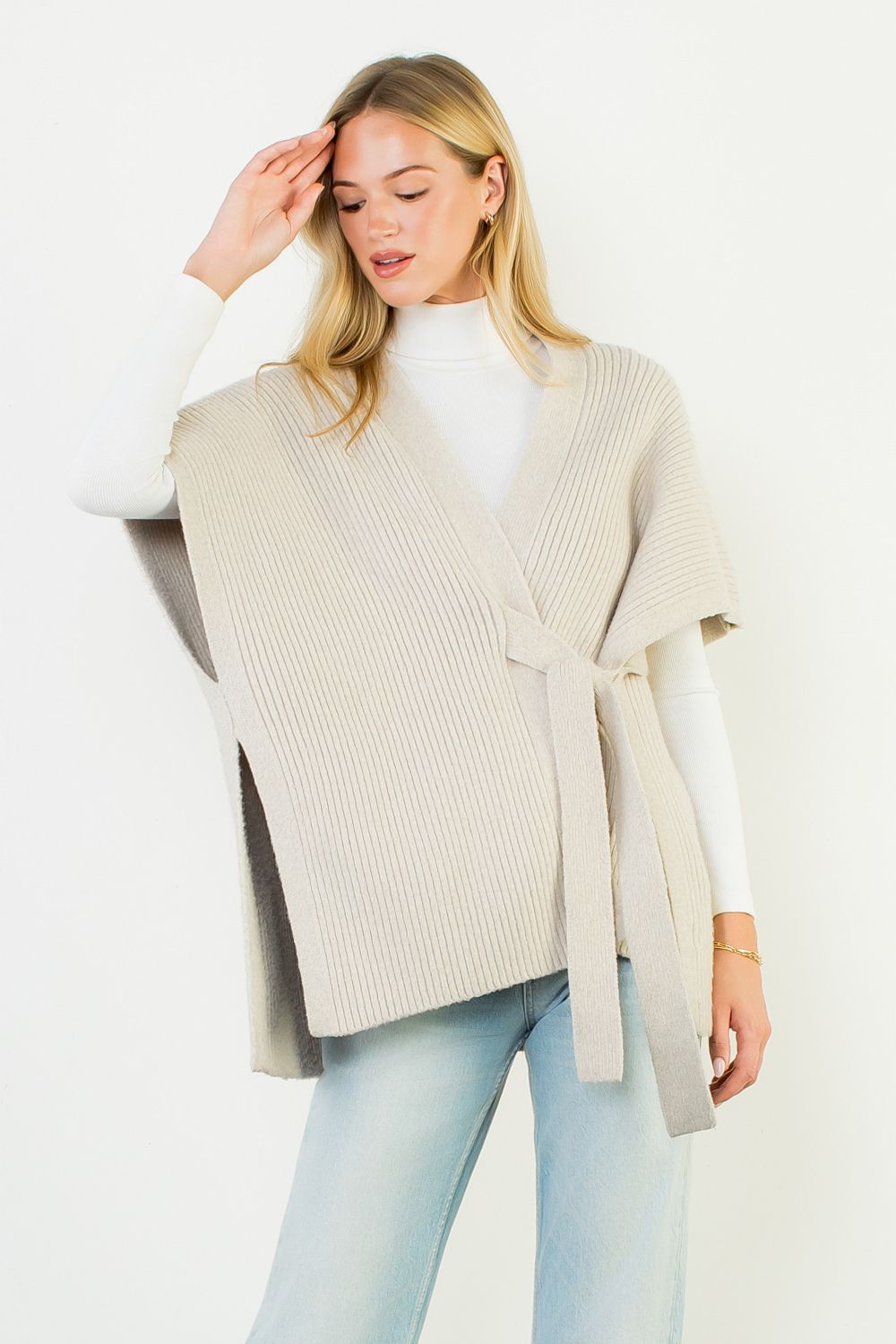Soft Knit Wrap Vest with Waist Tie – Oatmeal