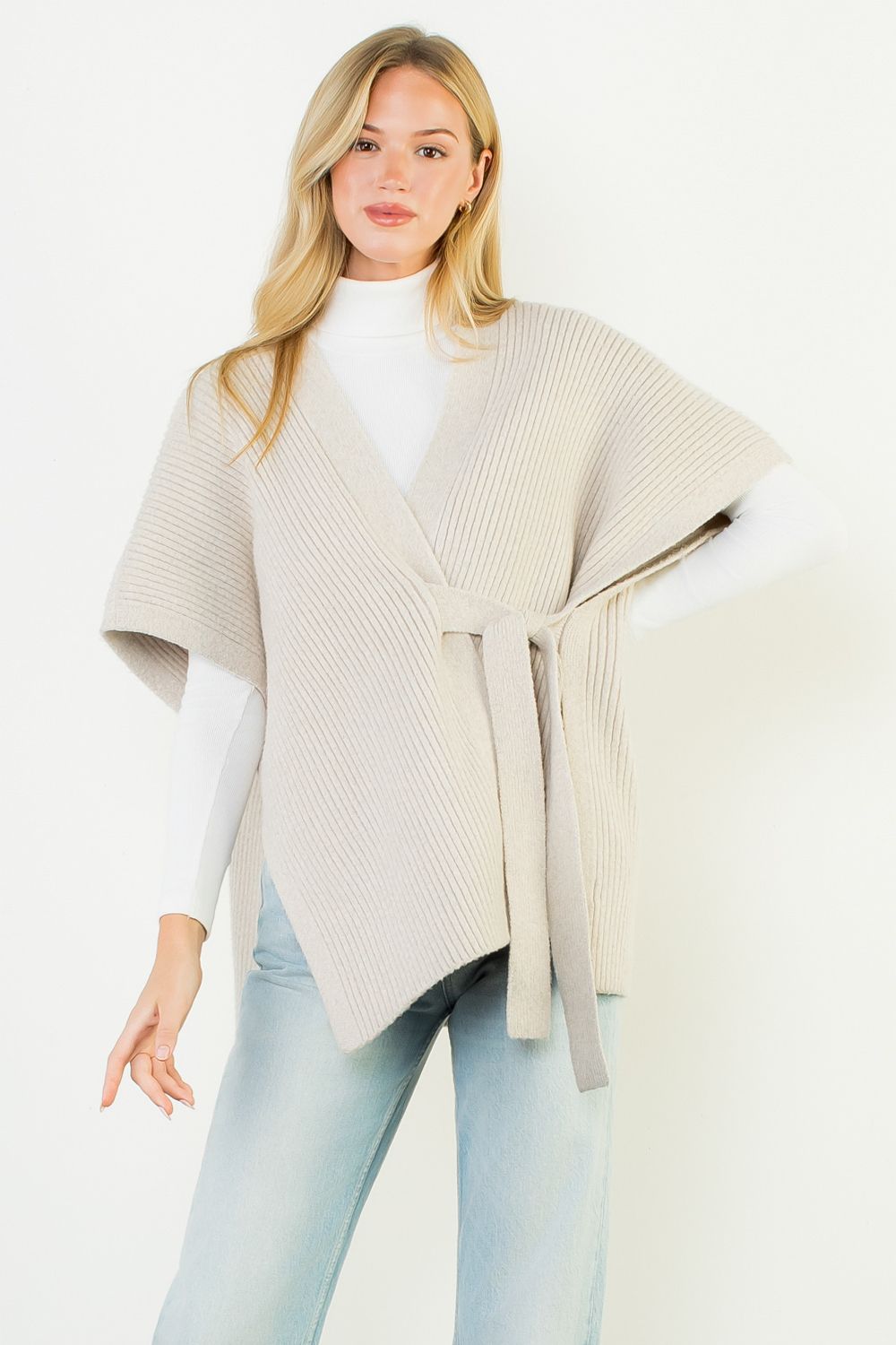 Soft Knit Wrap Vest with Waist Tie – Oatmeal