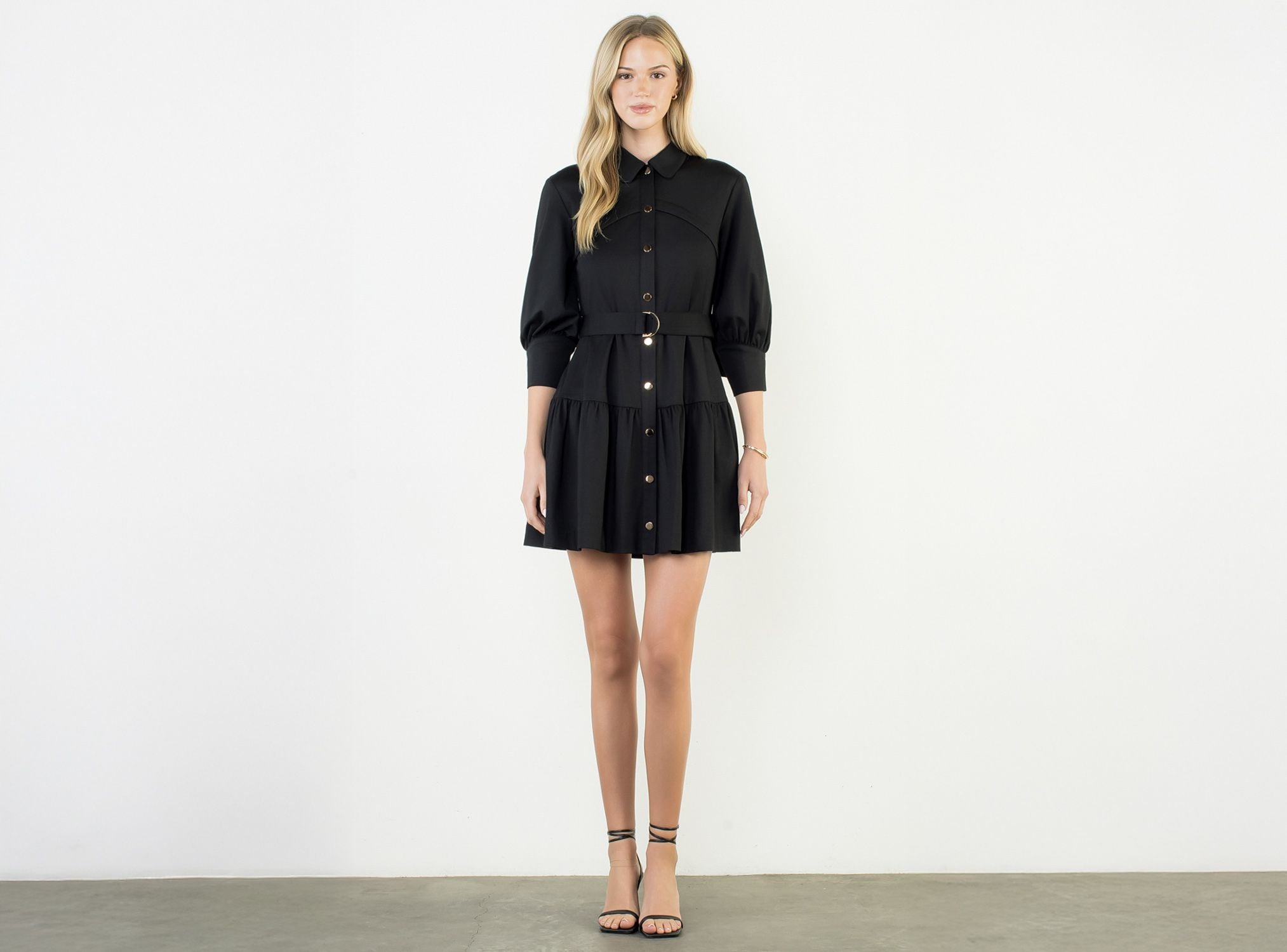 Classic Button-Down Belted Mini Dress – Black