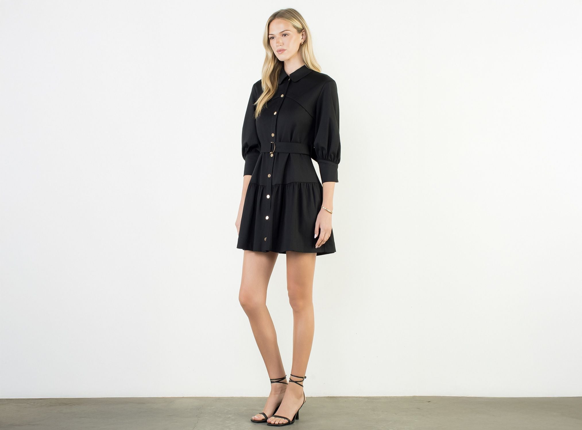 Classic Button-Down Belted Mini Dress – Black