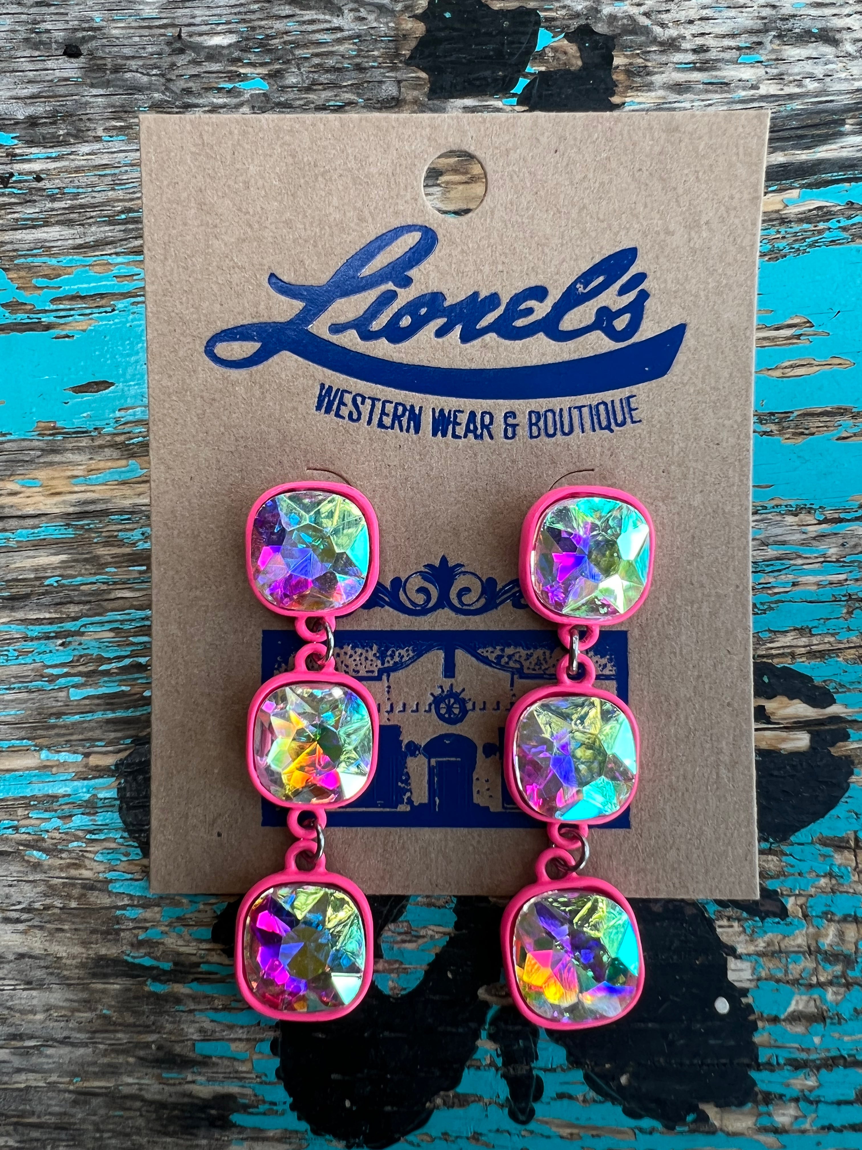 Triple AB Crystal on Pink Dangling Earrings