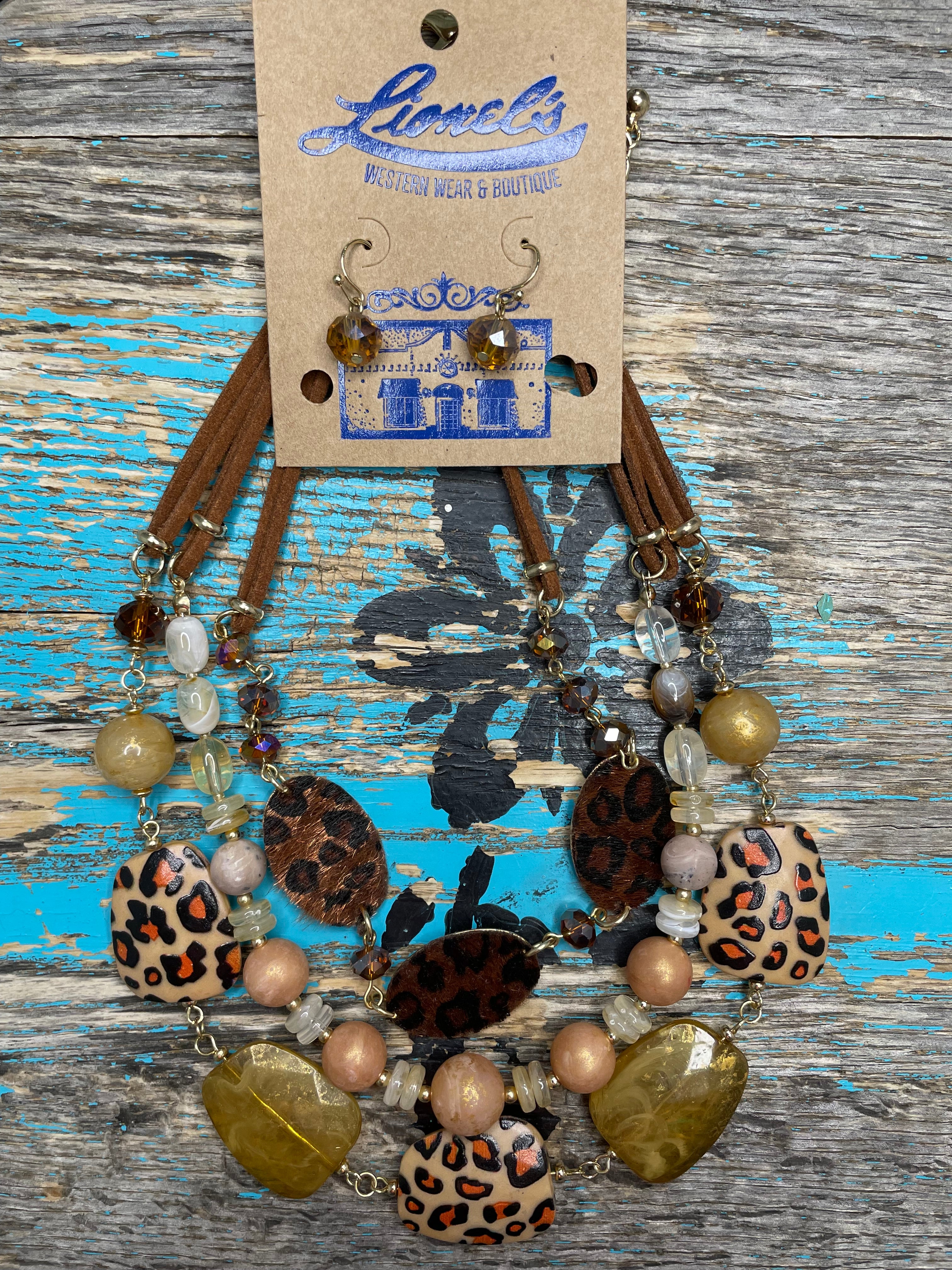 Multi Strand Mustard/Animal Necklace w/ Earrings