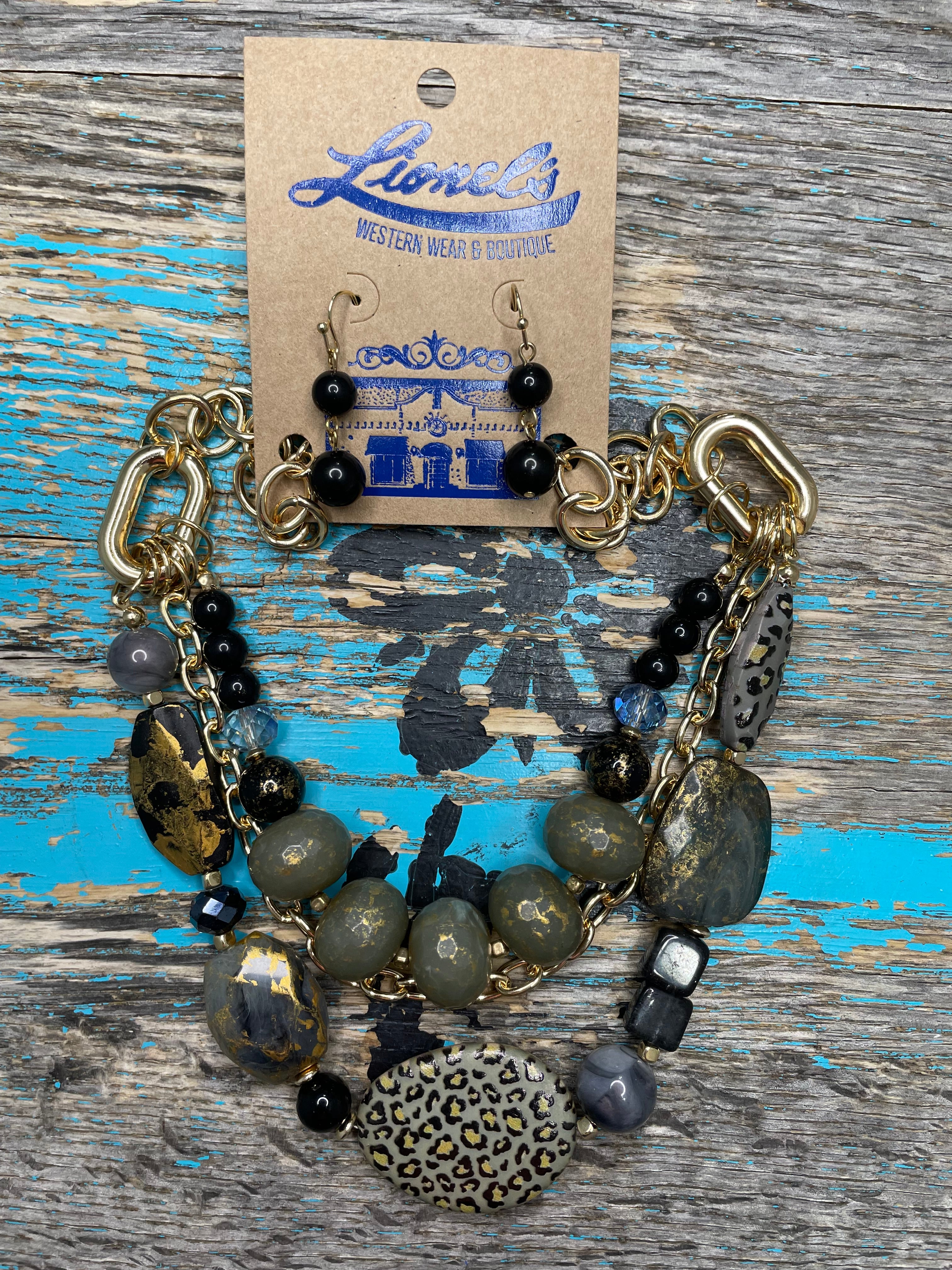 Multi Strand Olive/Animal Print Necklace w/ Earrings