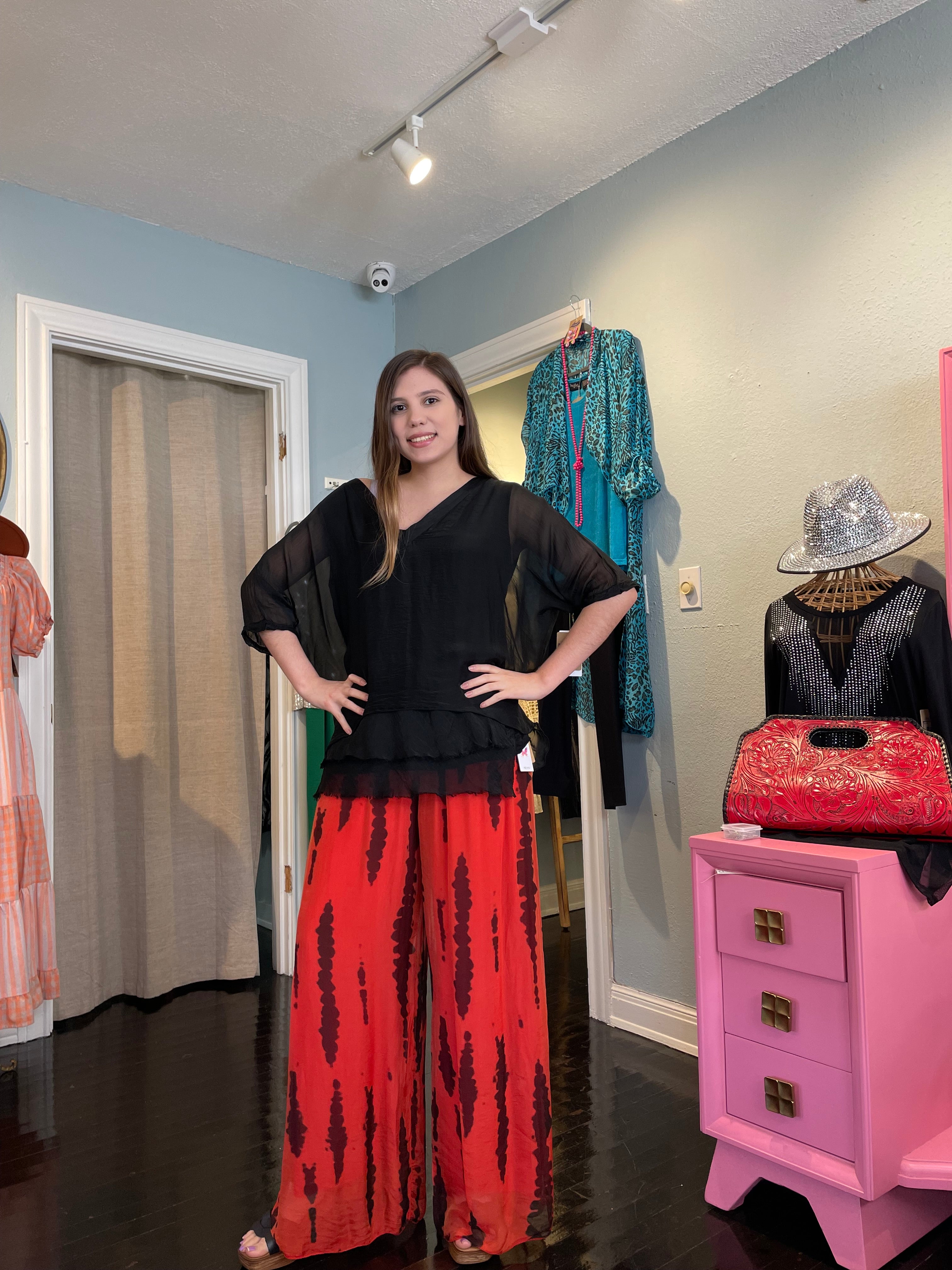 Black & Red Tie Dye Silk Pant w/ Side Slit