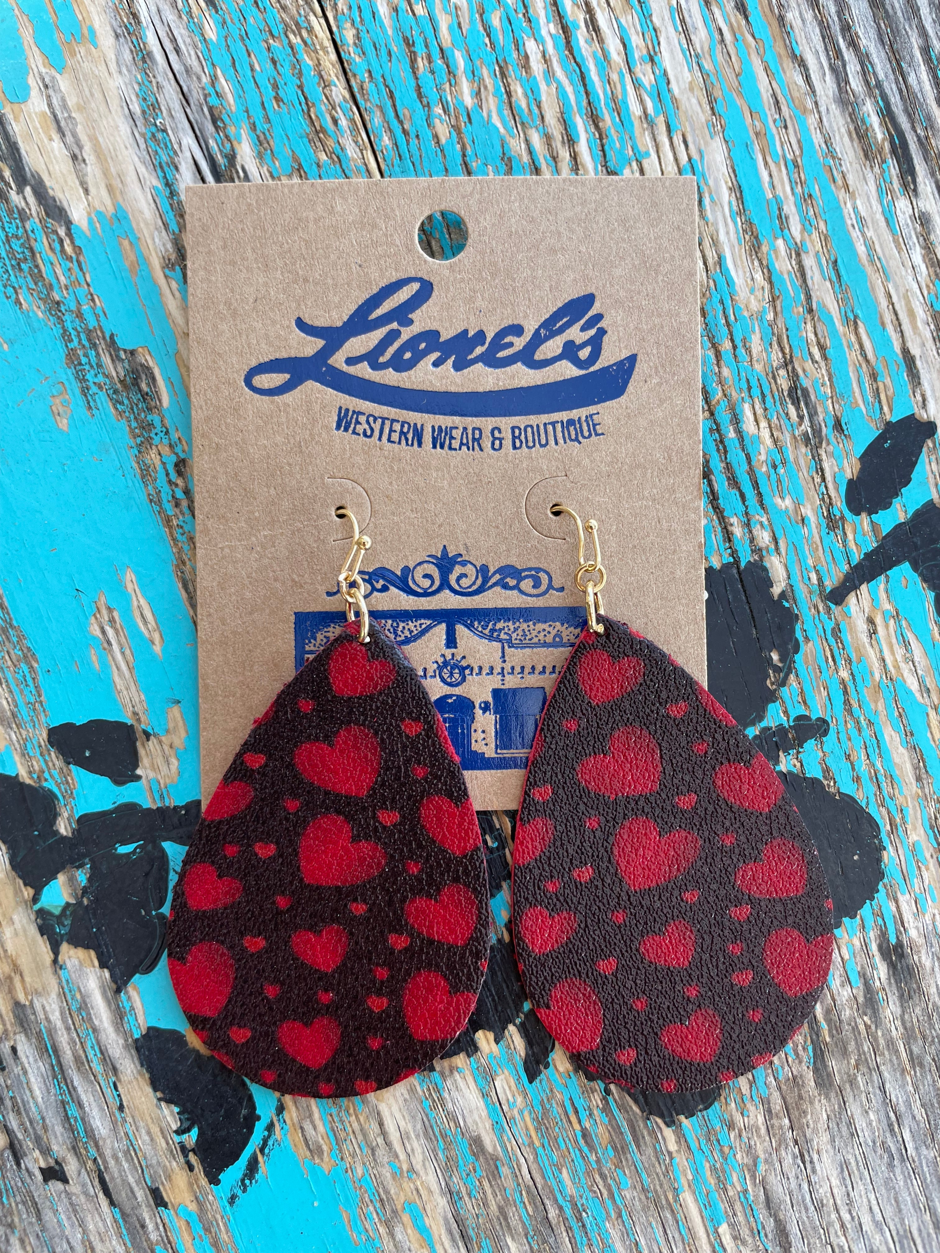 Teardrop Leather Red Heart Earrings
