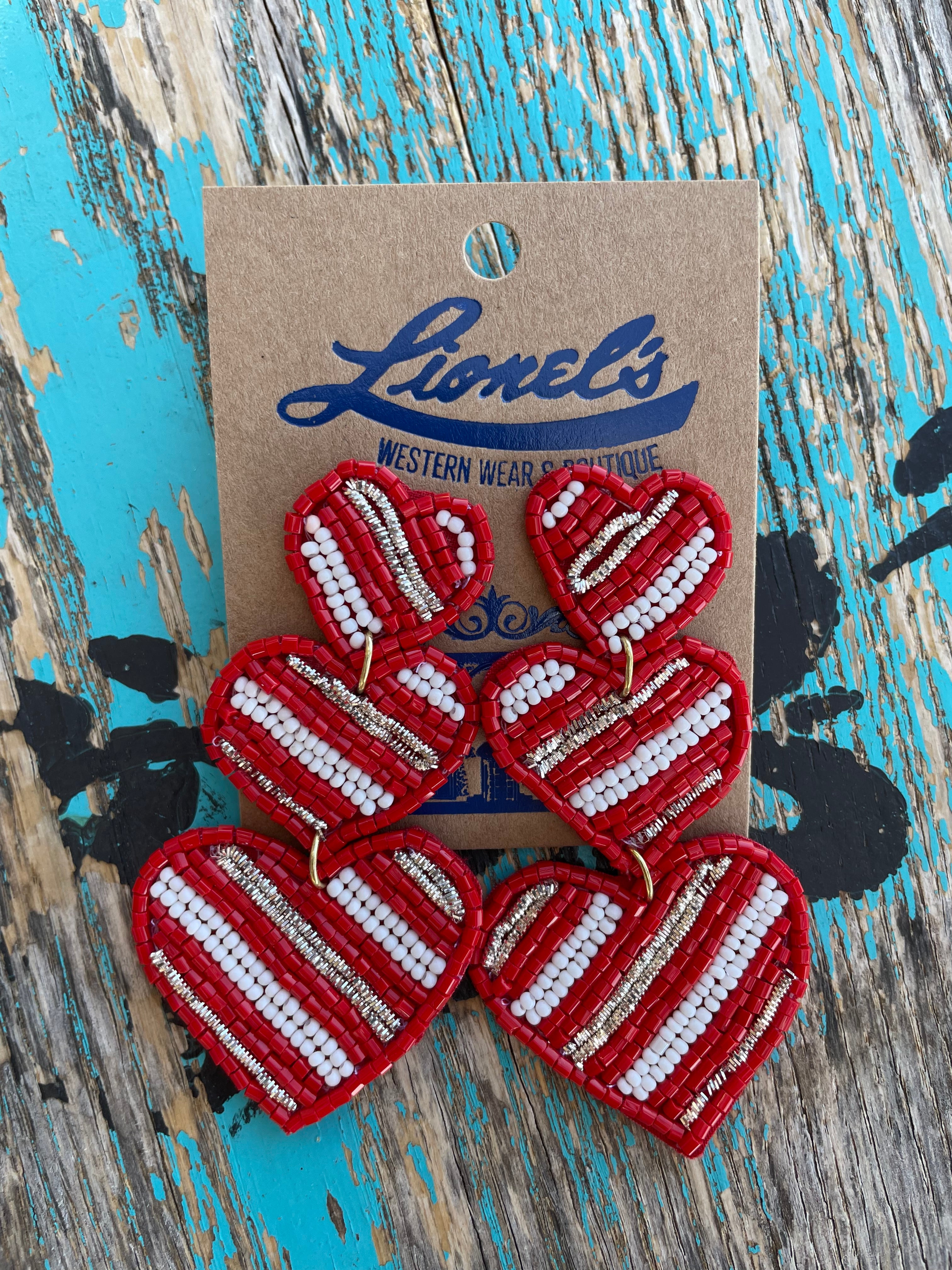 Triple Heart Beaded Earrings/Red/White/Silver