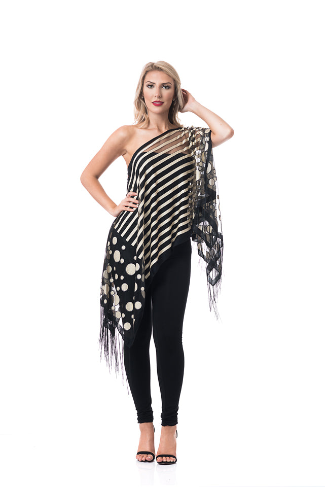 Taupe & Black Dots & Stripes 7-Way Scarf