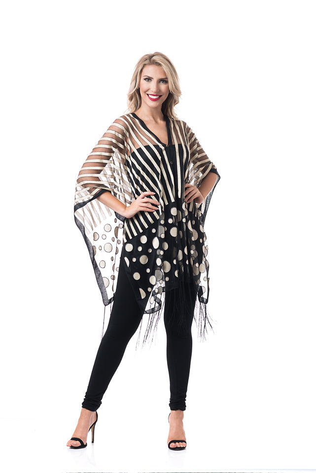 Taupe & Black Dots & Stripes 7-Way Scarf