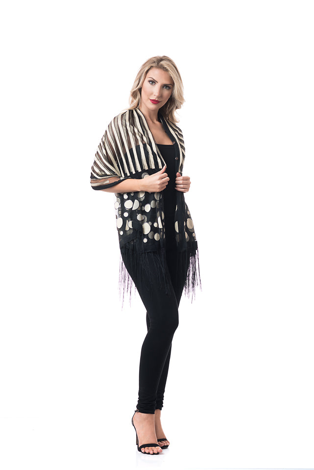 Taupe & Black Dots & Stripes 7-Way Scarf