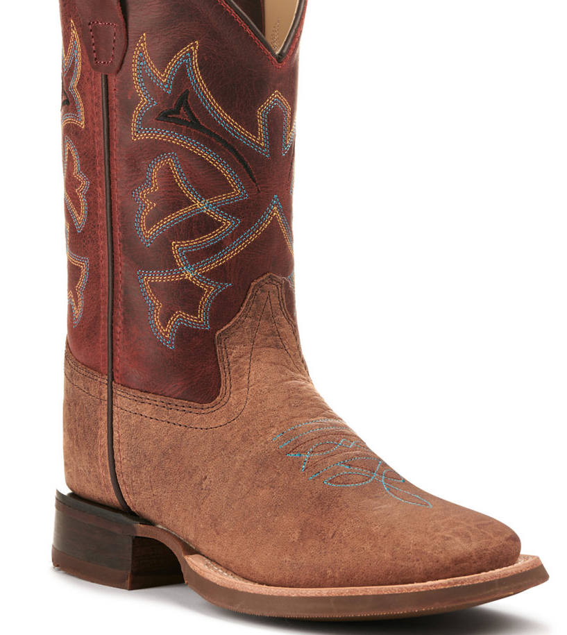 Old West Kids' Brown Bull Hide Print and Burnt Red Wide Square Toe Western Boot